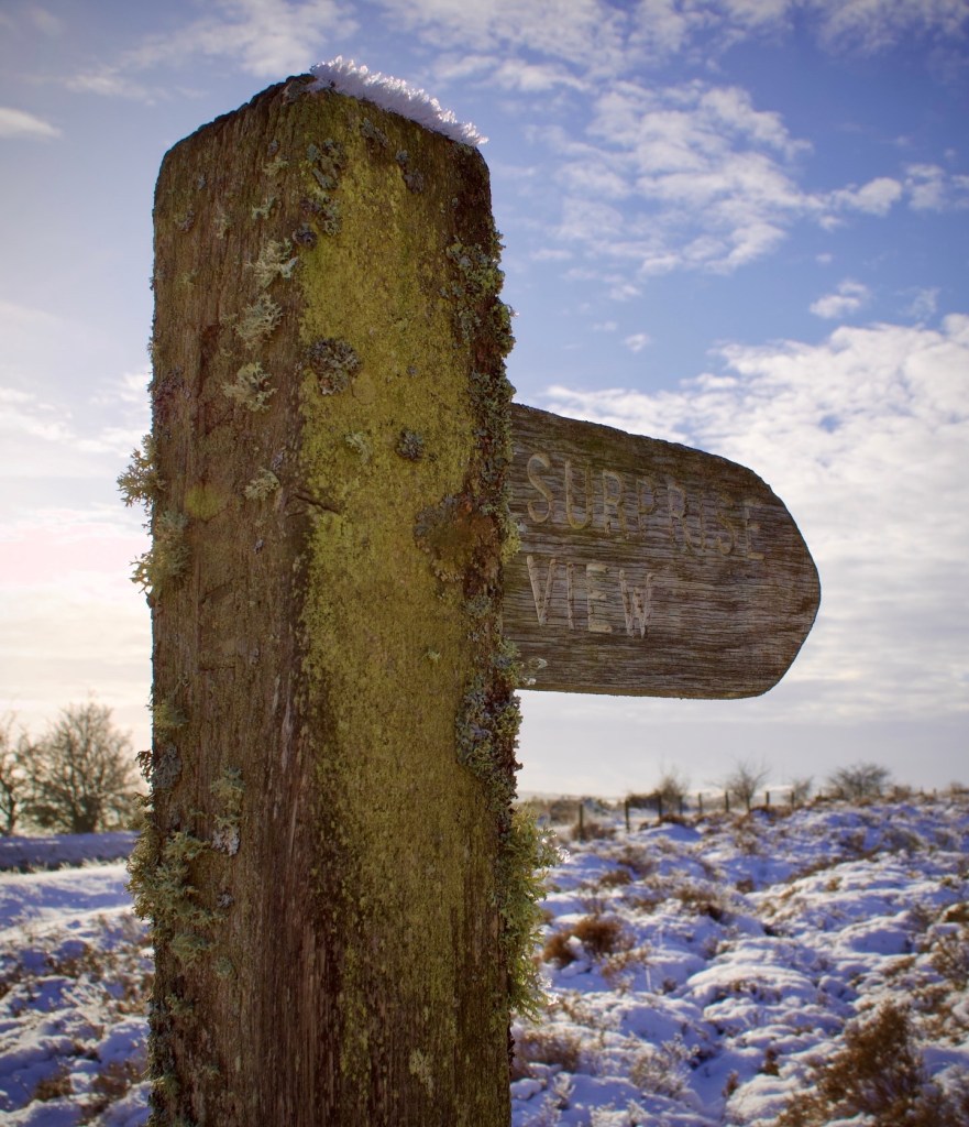 Wooden signpost at a snow covered Surprise View
