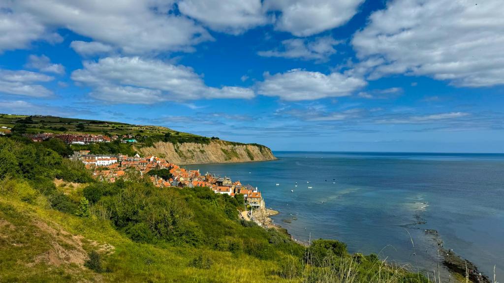 scenic view of robin hood's bay coastline with cliffs and sea