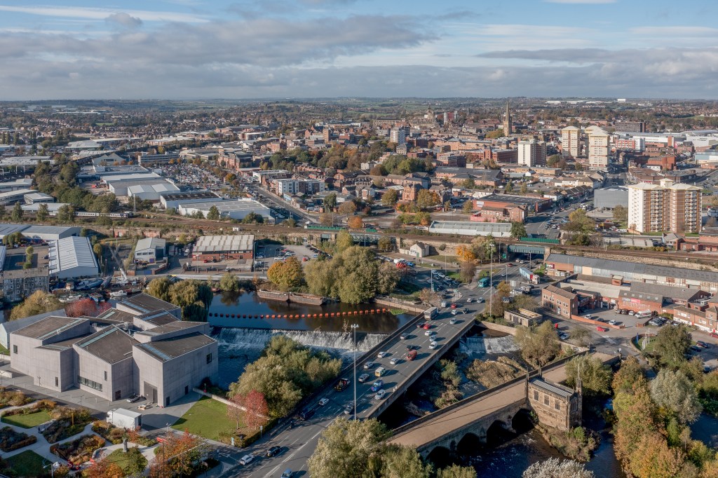 Wakefield West Yorkshire, united Kingdom, aerial view of the city centre and historic cathedral with Chantry Bridge and Hepworth Gallery